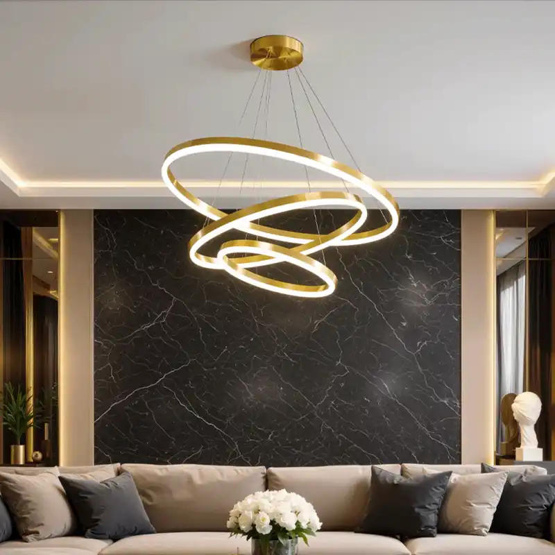Lustra LED suspendata cu telecomanda ELIZABETH, 85W, 3 Cercuri, lumina Rece/Calda/Neutra, Dimabila, Auriu Lucios, Inaltime Reglabila Cumpărături sigure