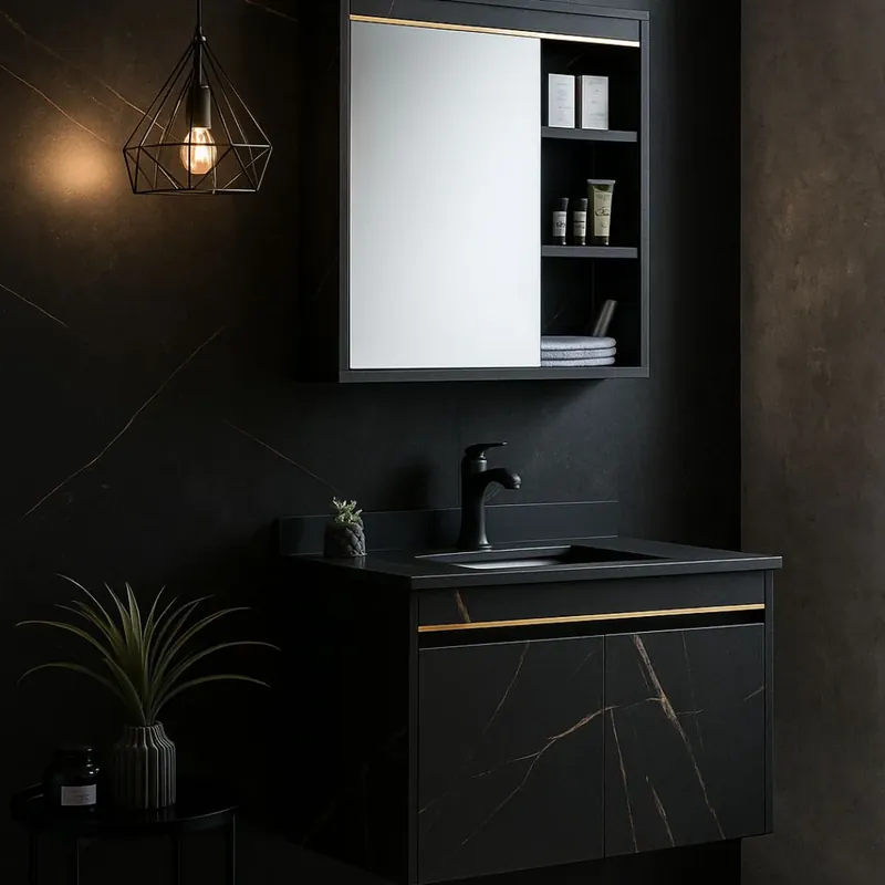 Vezi acum Set Mobilier MARBLE pentru Baie, Dulap Lavoar+Dulap Oglinda 80cm, 2 Piese, Negru