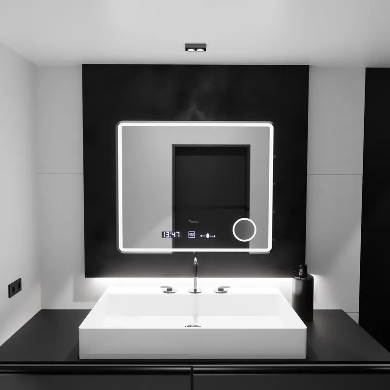 Cumpără acum Oglinda LED Rectangulara, 90x75cm, Riflesso MotionGlow Marcello, Sistem Dezaburire, Ceas & Termometru, Lupa Cosmetica, Dimabila