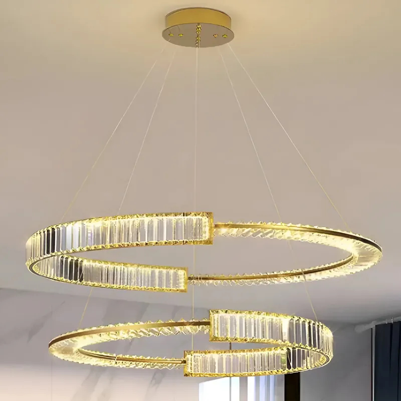 Lustra LED suspendata cu cristal PRISM REGAL 117W, 2 Cercuri, lumina Rece/Calda/Neutra, Dimabila, Auriu, Inaltime Reglabila Cel mai bun preț
