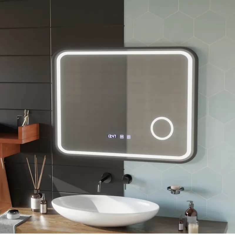 Livrare expres Oglinda LED Touch Bernd Sistem Dezaburire, Ceas si Temperatura 80x60 cm Rama Negru Brushed Lupa Cosmetica