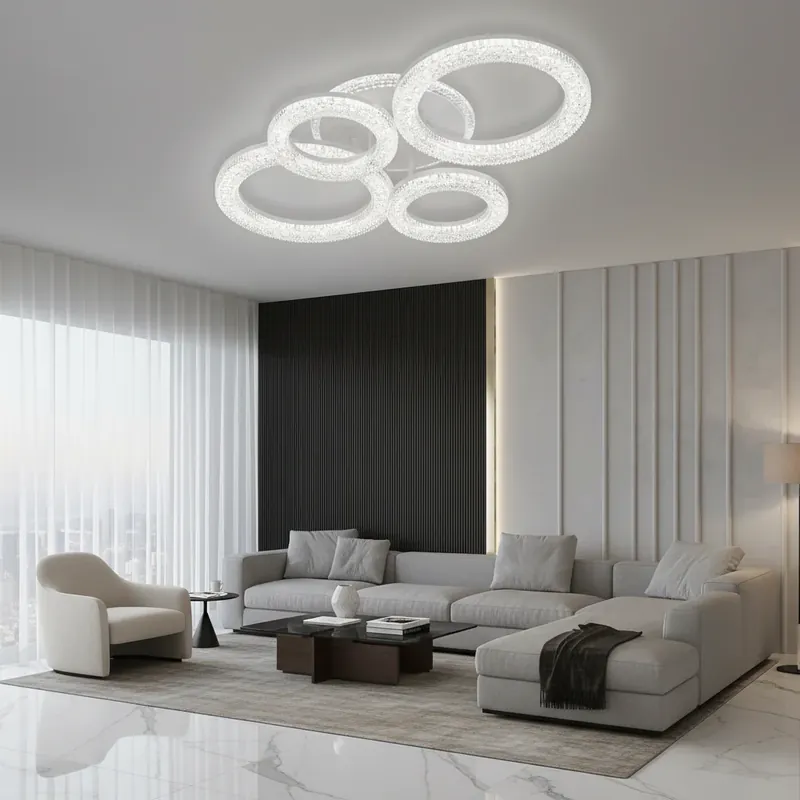 Lustră LED Linnea cu Telecomandă, 74W, 3000K/4000K/6000K, Dimabil, Alb, Cristale Ultima șansă