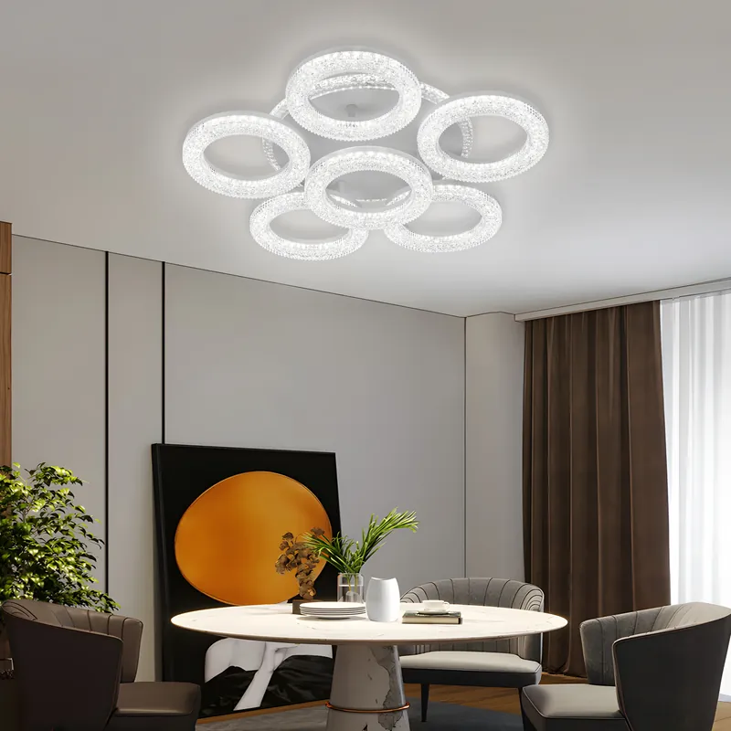 Ofertă de sezon Lustră LED FREJA cu Telecomandă, 51cm, 90W, 3000K/4000K/6000K, Dimabil, Alb, Cristale, 6 Cercuri