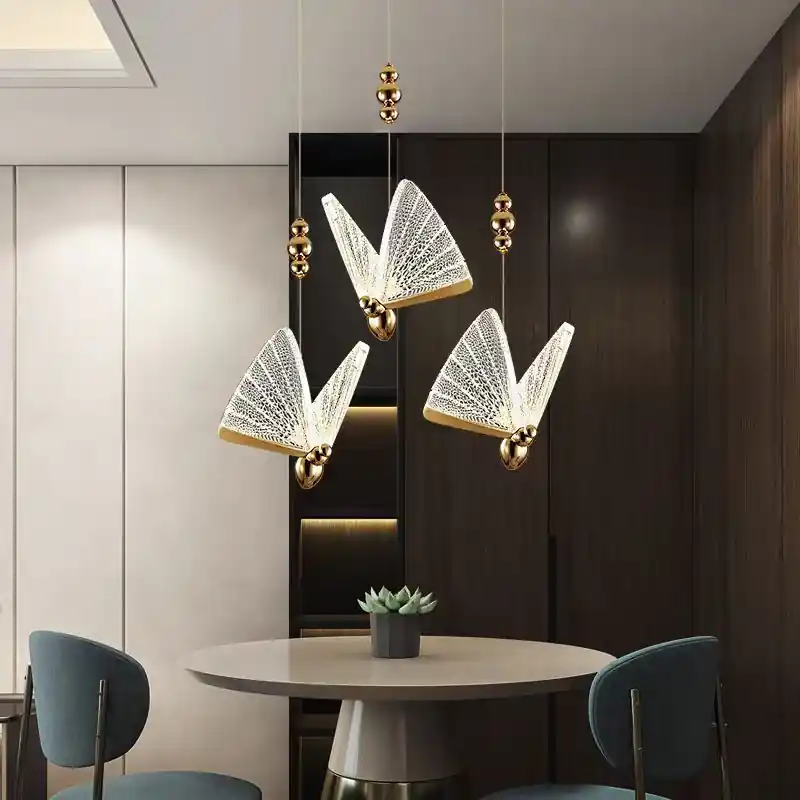 Lustră Suspendată LED Acril Butterfly 9W, Lumina Calda/Neutra/Rece 3000K/4000K/6000K, Auriu, Metal și Acril, Inaltime Reglabila Cel mai bun preț