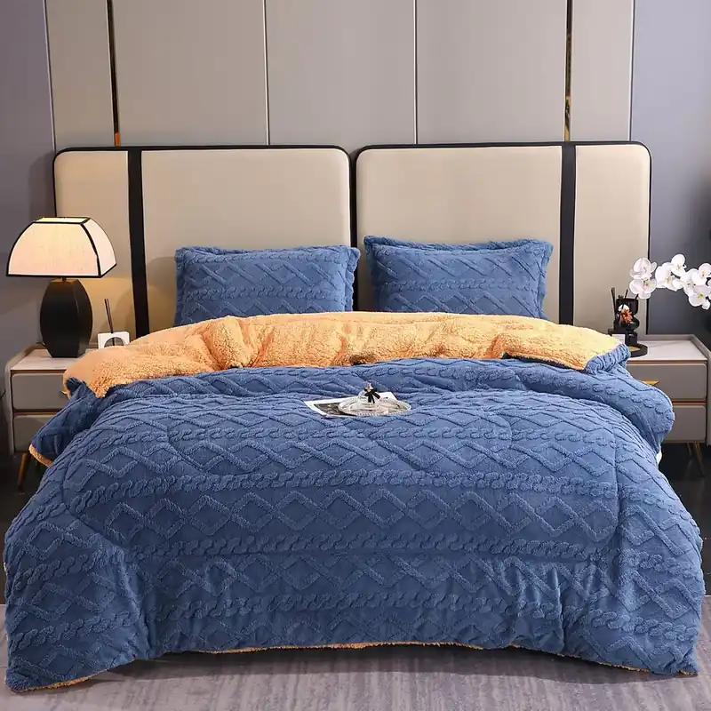 Reducere de preț Pilota Tricotata cu Blanita 200x230cm + 2 Fete de Perna 50x70cm - Albastru si Bej - PMG_O080B
