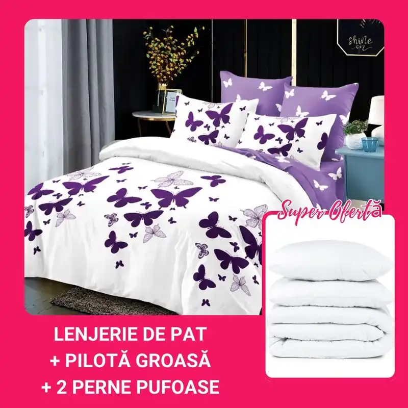 Set CADOU - Lenjerie 6 Piese + Pilota + 2 Perne 50x70 cm - Fluturasi Mov - LFM_C005 Nu rata