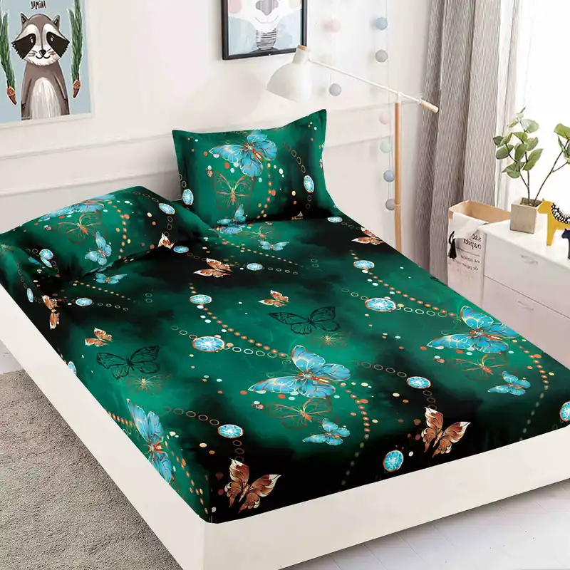 Cel mai bun preț Cearceaf din Finet cu Elastic - 90x200 + 2 Fete Perna - Verde cu Fluturi Albastri - CEFSGVJ_L044